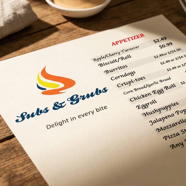 A close-up of the "Subs & Grubs" menu, featuring appetizers and prices on a rustic wooden table.