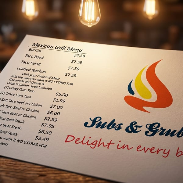 A "Subs & Grubs" Mexican Grill menu with prices, on a wooden table under warm hanging lights.