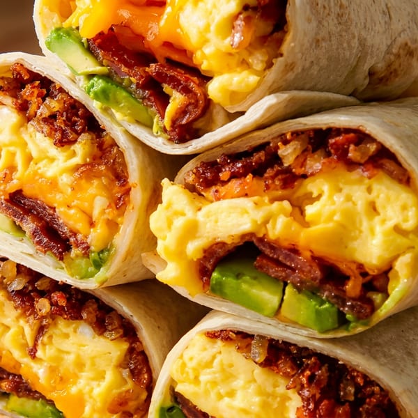 Stack of breakfast burritos filled with scrambled eggs, bacon, cheese, and avocado.