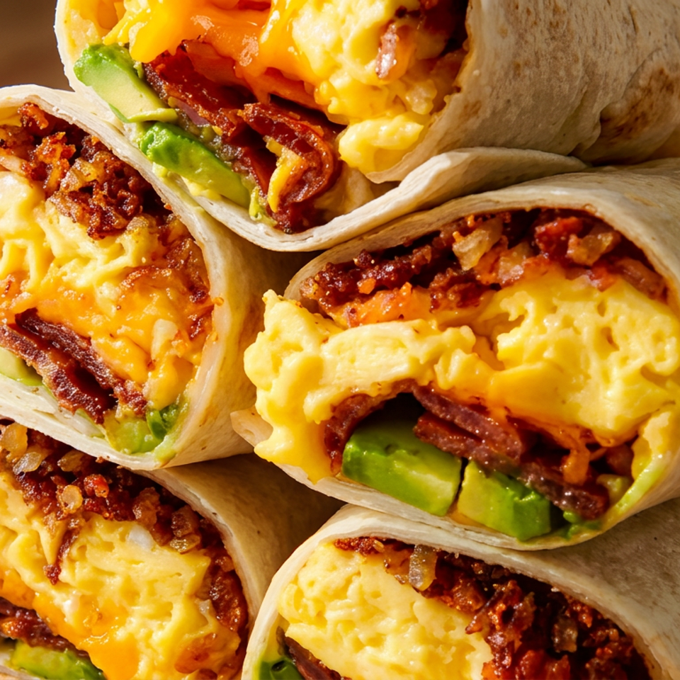 Stack of breakfast burritos filled with scrambled eggs, bacon, cheese, and avocado.