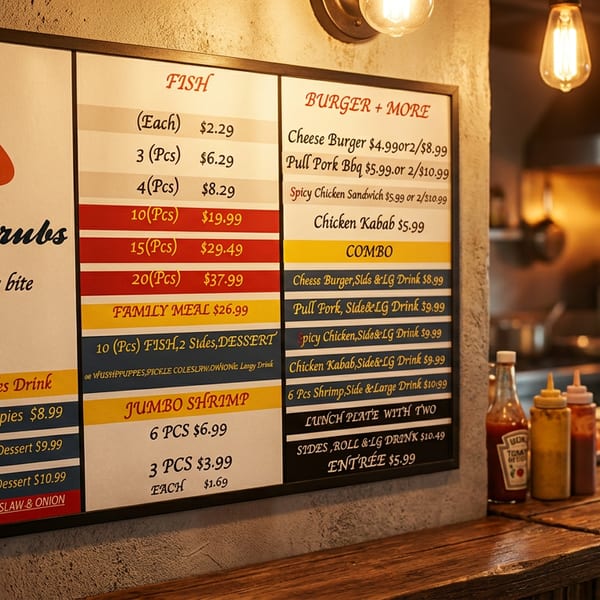 A menu board for Subs & Grubs restaurant, featuring fish, burgers, and shrimp, with a kitchen in the background.