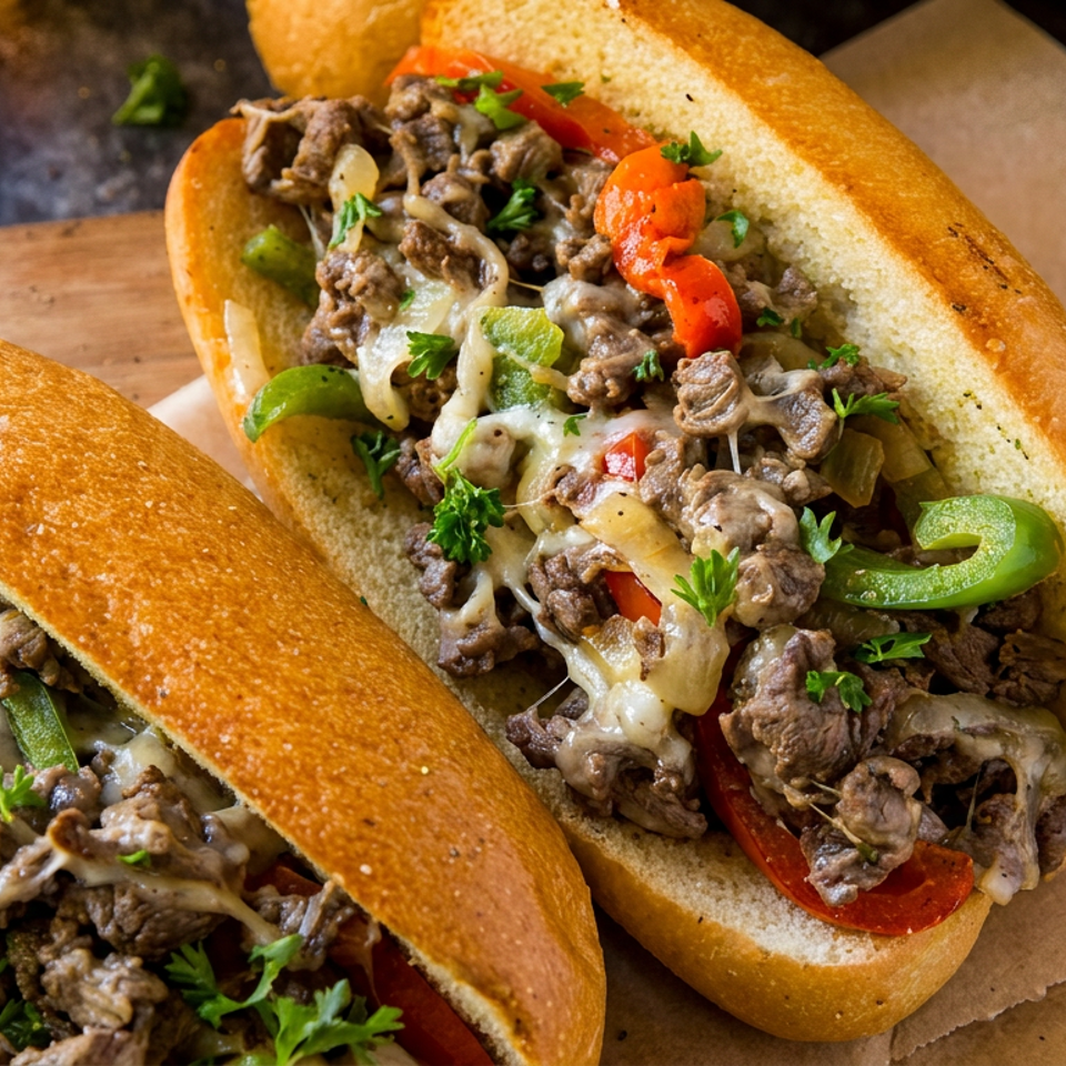 Two delicious cheesesteak sandwiches with melted cheese, peppers, and onions on a wooden board.