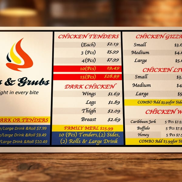 A "Subs & Grubs" menu on a wooden table, featuring chicken tenders, dark chicken, gizzards, livers, and wings.