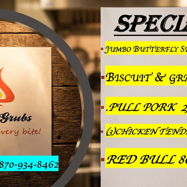 A menu for Subs & Grubs with specials like jumbo butterfly shrimp, biscuit & gravy, and pull pork.