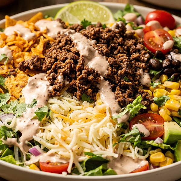 Taco salad with ground beef, corn, tomatoes, black beans, avocado, cheese, and dressing.
