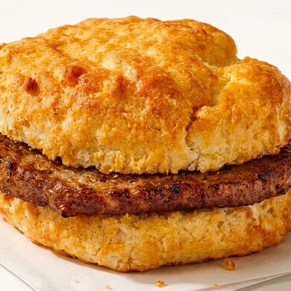 A golden-brown biscuit sandwich with a thick, grilled sausage patty on a white napkin.
