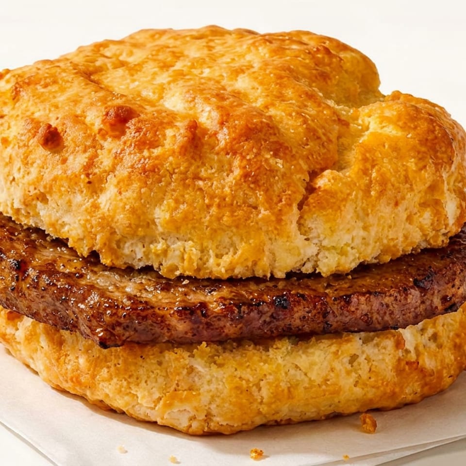 A golden-brown biscuit sandwich with a thick, grilled sausage patty on a white napkin.